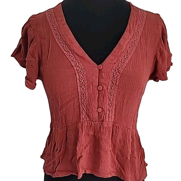 Boho Burnt Orange Peplum Flutter Sleeve Cropped Top Fairycore Cottagecore M - Picture 2 of 8